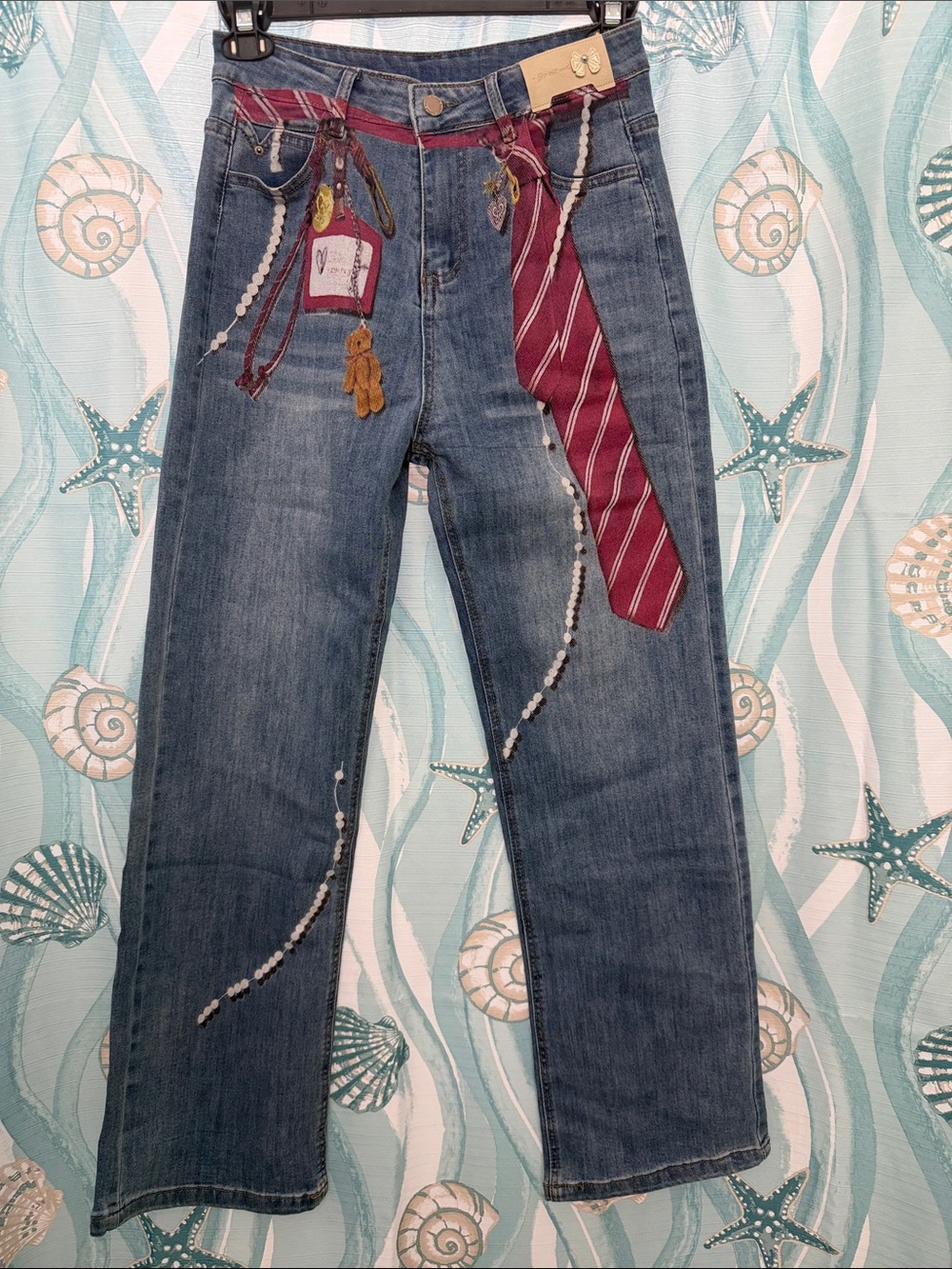 Blue Straight Women's Jeans with Red Accent Tie Detail
